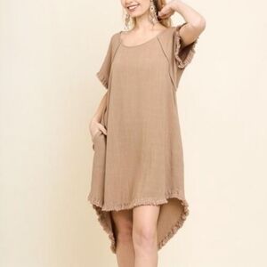 Lagenlook High Low Linen Blend Dress with Frayed Edges